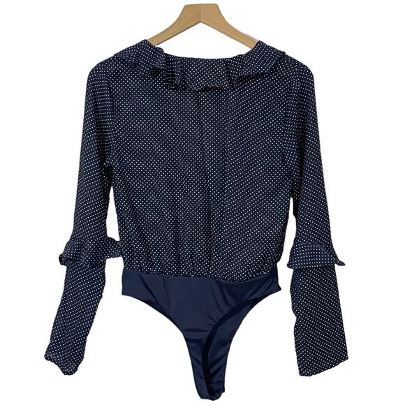 NUDE Polka Dot Ruffle Long Sleeve Thong Bodysuit - Blue - Small - Picture 3 of 15